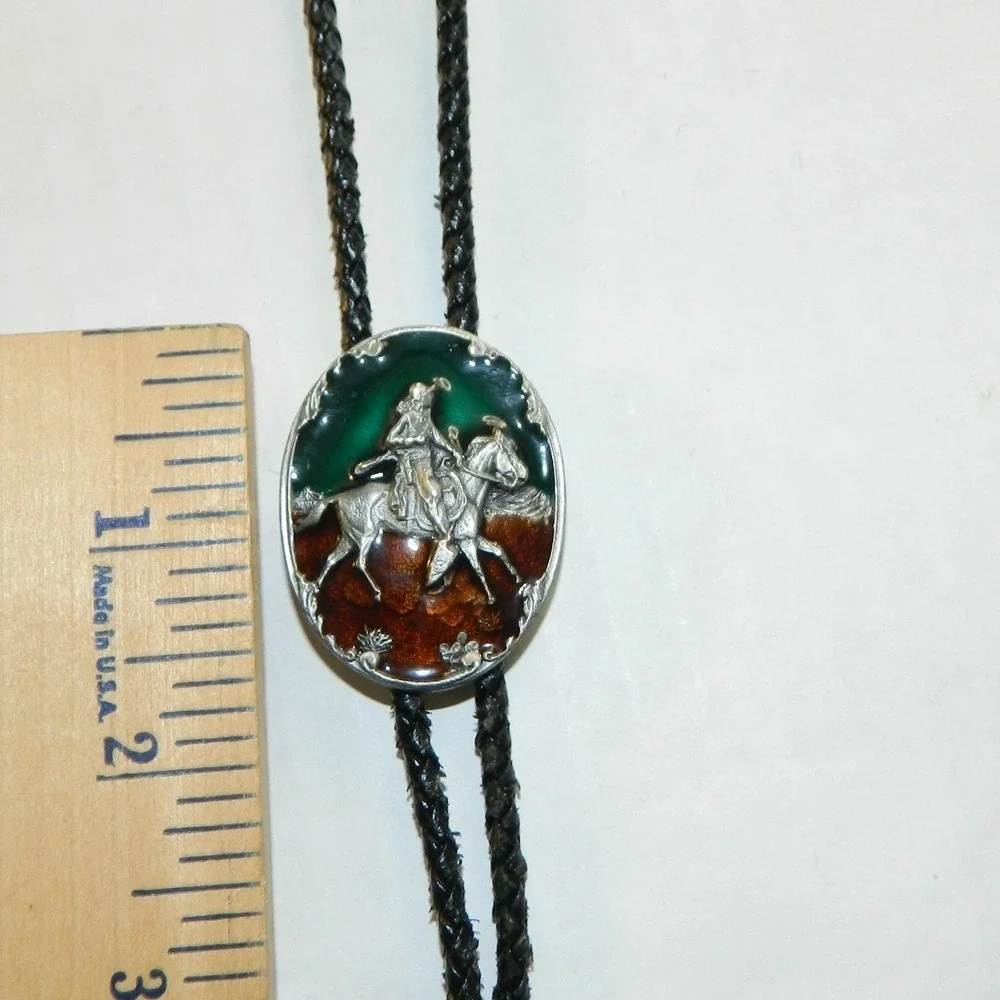 Vintage Bolo Tie Mens Brown Green Cowboy Horseback Enamel 1987 Western